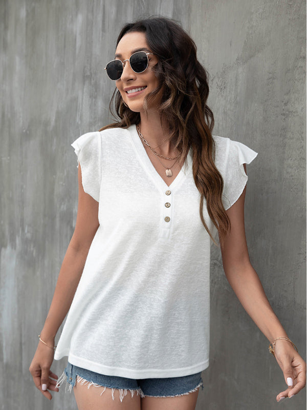 V-neck loose casual button ruffled sleeve top European and American T-shirt