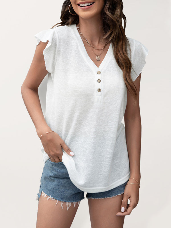 V-neck loose casual button ruffled sleeve top European and American T-shirt