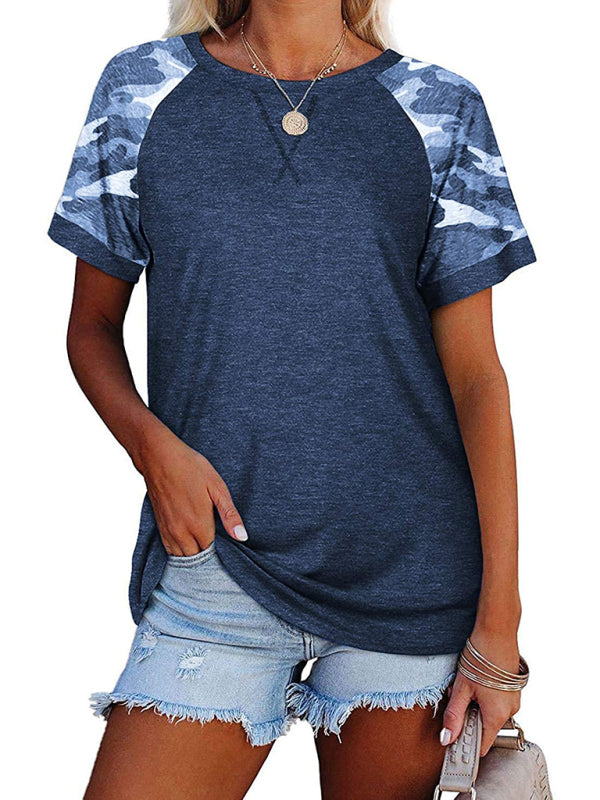 Damen-T-Shirt mit lässigem Camouflage-Motiv und Mosaik-Rundhalsausschnitt und kurzen Ärmeln 