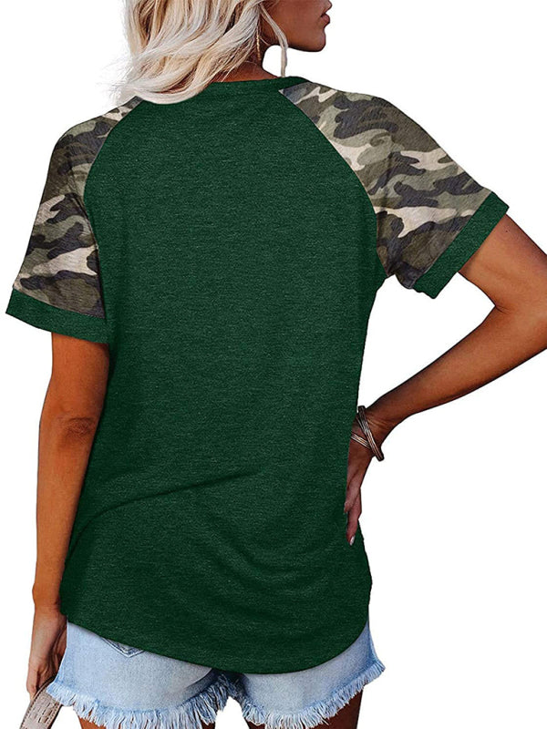 Damen-T-Shirt mit lässigem Camouflage-Motiv und Mosaik-Rundhalsausschnitt und kurzen Ärmeln 