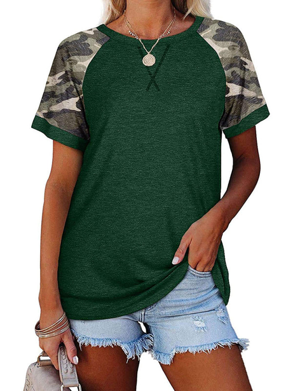 Damen-T-Shirt mit lässigem Camouflage-Motiv und Mosaik-Rundhalsausschnitt und kurzen Ärmeln 