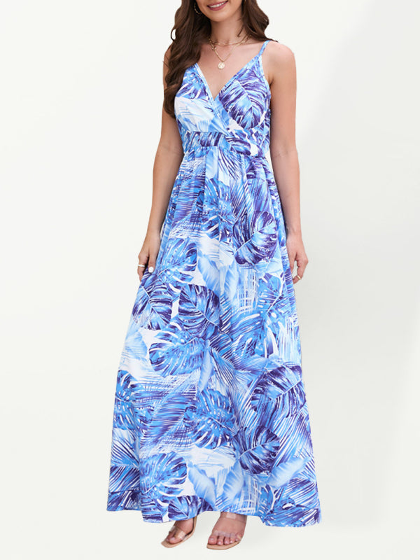 Robe longue imprimée bohème, robe sexy à bretelles et col en V 
