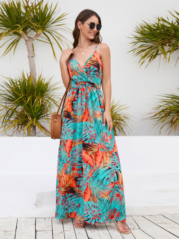 Robe longue imprimée bohème, robe sexy à bretelles et col en V 