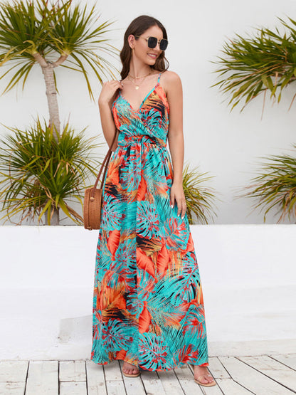 Robe longue imprimée bohème, robe sexy à bretelles et col en V 