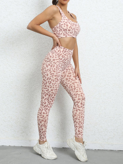 Leopard print beautiful back tight sports suit peach hip lifting high waist fitness clothes