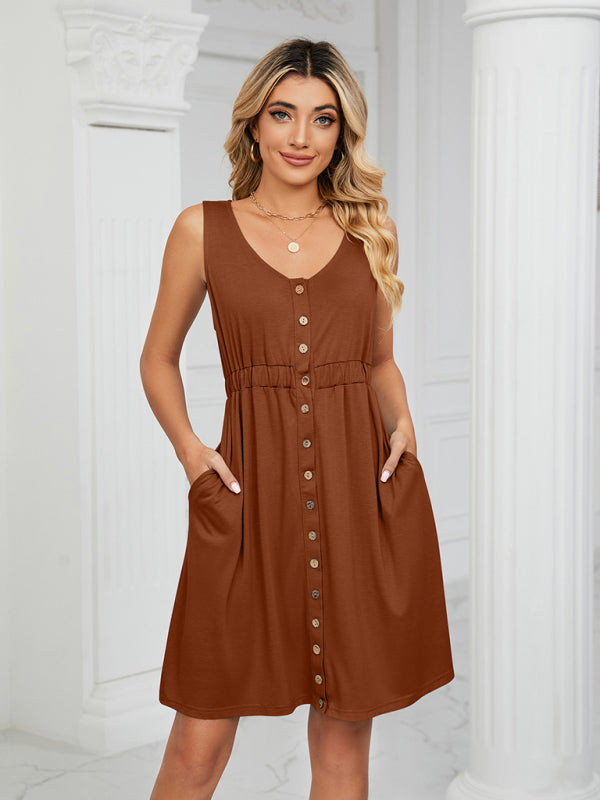 Robe tricotée sans manches avec poches boutonnées, col rond, taille fendue, pour femmes 