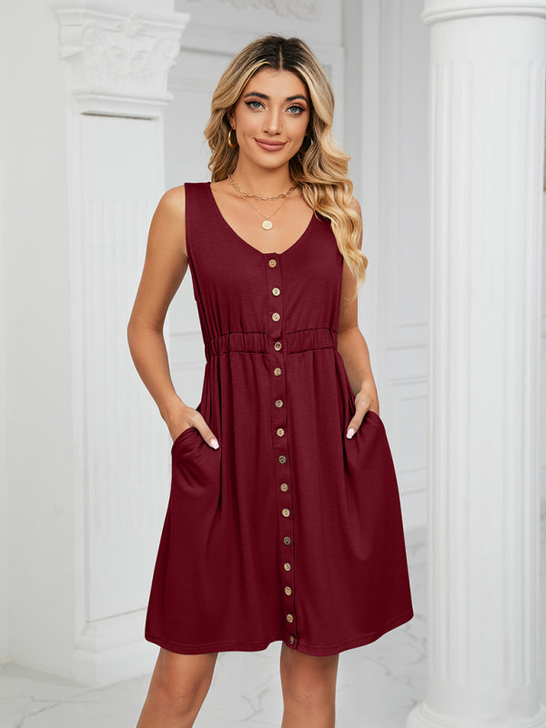 Robe tricotée sans manches avec poches boutonnées, col rond, taille fendue, pour femmes 