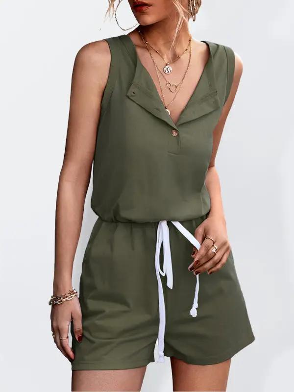 Olive green sleeveless button casual jumpsuit