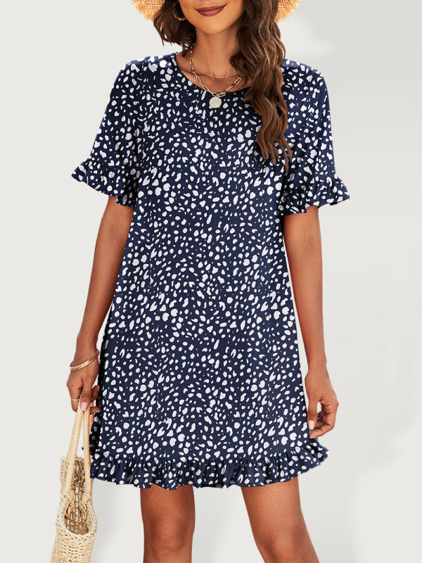 Robe à volants à manches courtes et col rond imprimé léopard pour femmes