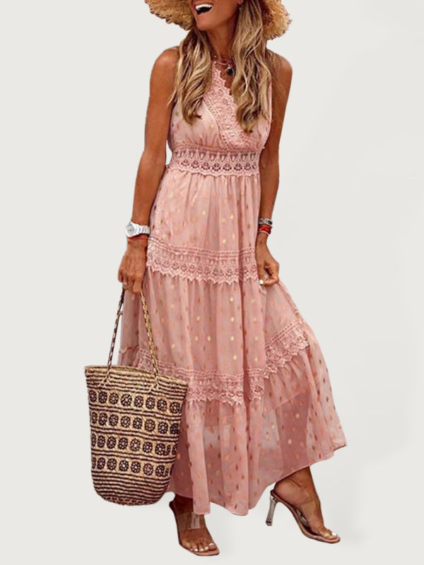 Ärmelloses Midikleid aus Chiffon mit tiefem V-Ausschnitt und Spitzeneinsatz für Damen