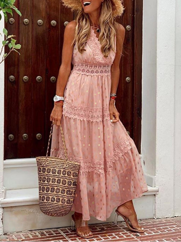 Ärmelloses Midikleid aus Chiffon mit tiefem V-Ausschnitt und Spitzeneinsatz für Damen