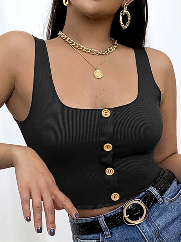 Damen-Strick-Tanktop mit eckigem Ausschnitt und Knopfleiste 