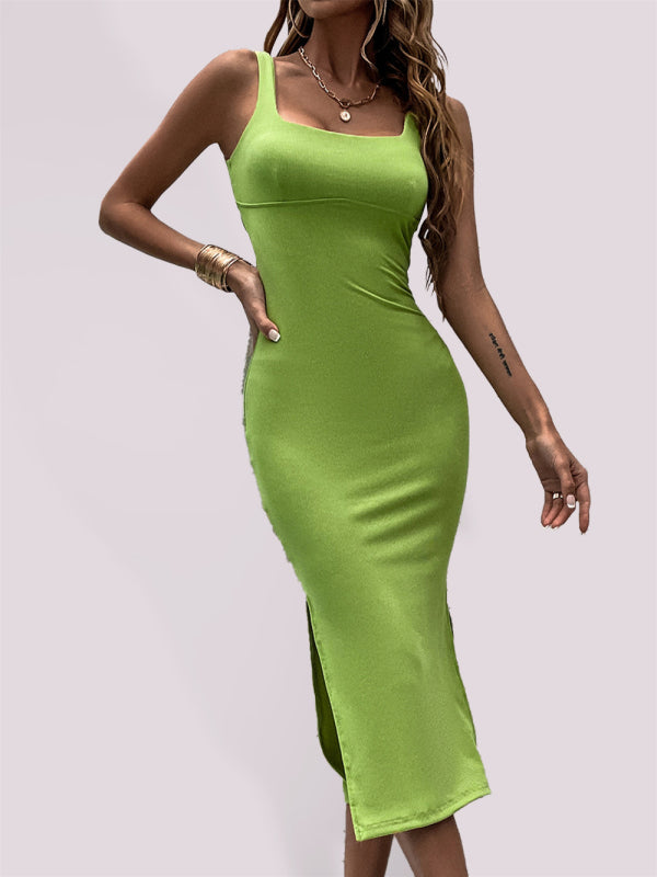 Sexy gestricktes Sommerkleid für Damen mit Kreuzschlitz, offenem Rücken und schmaler Passform, Hüftumfang und mittlerer Länge