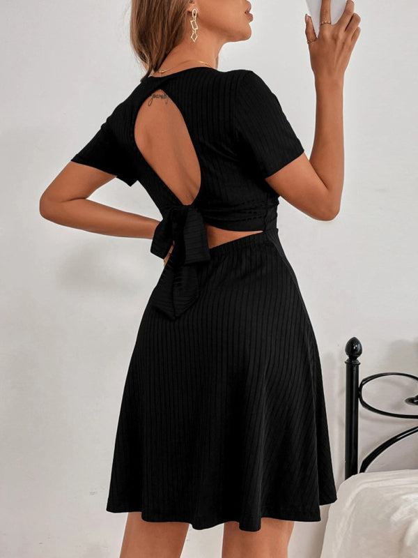 Robe tricotée Sexy dos nu pour femmes, col en v, à volants, manches courtes