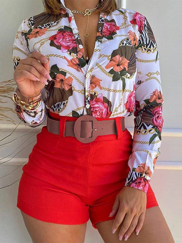 Digital Printing Stand Collar Long Sleeve Shirt Ladies Set