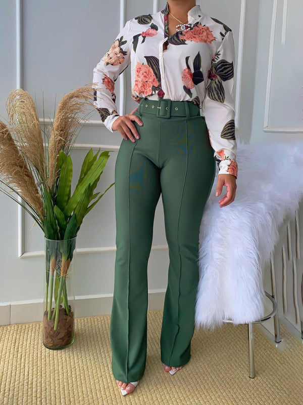 Set printed long-sleeved shirt top wide-leg pants two-piece set