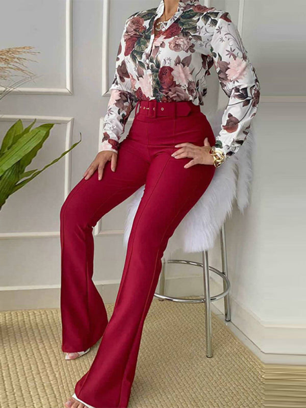 Set printed long-sleeved shirt top wide-leg pants two-piece set