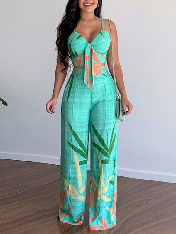 Linen-like casual suit V-neck high-waist printed wide-leg pants two-piece set