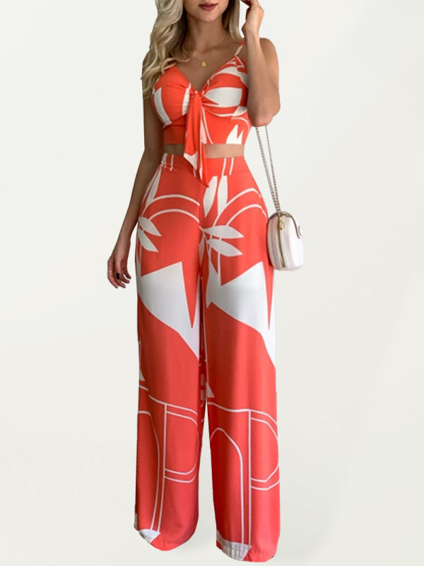 Linen-like casual suit V-neck high-waist printed wide-leg pants two-piece set