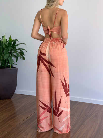 Linen-like casual suit V-neck high-waist printed wide-leg pants two-piece set