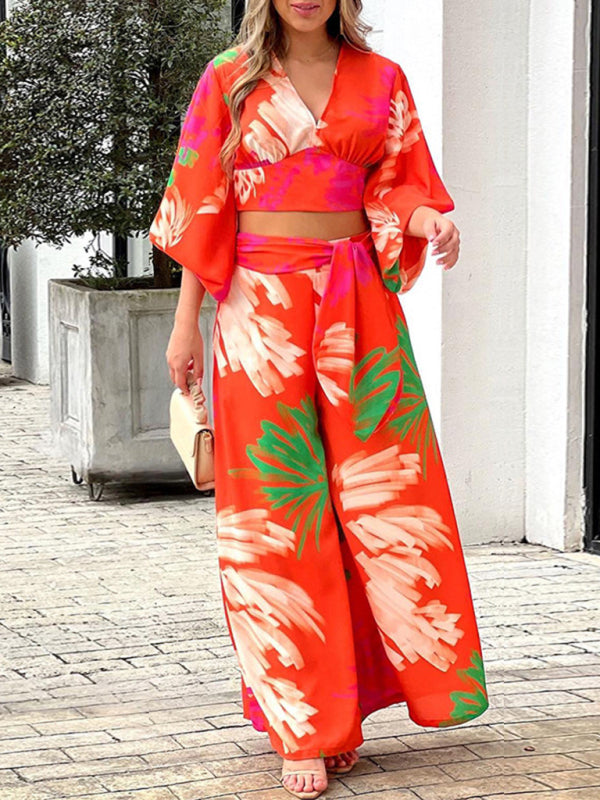 Printed V-neck lantern sleeve short shirt high waist wide-leg pants two-piece set