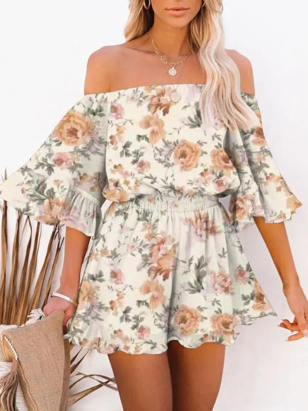 Floral off-shoulder chiffon jumpsuit with ruffled sleeves