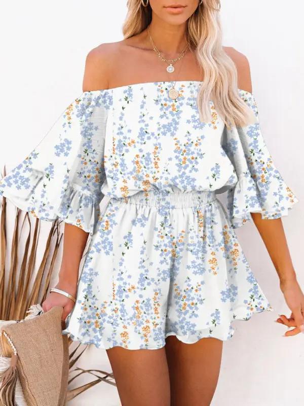 Blue floral off-shoulder chiffon jumpsuit with ruffled sleeves