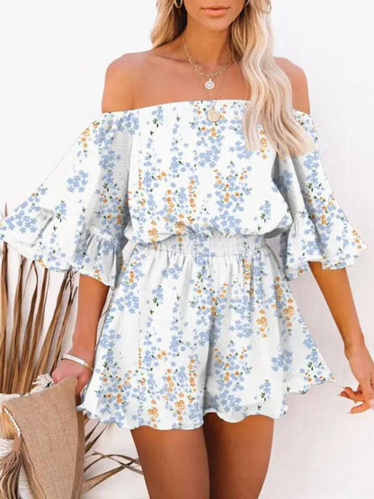 Blue floral off-shoulder chiffon jumpsuit with ruffled sleeves