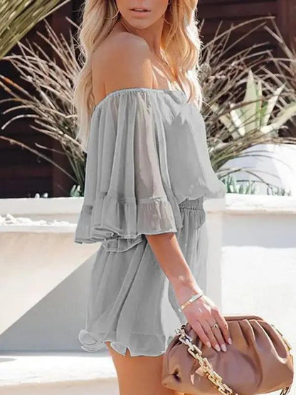 Gray off-shoulder chiffon jumpsuit with ruffled sleeves