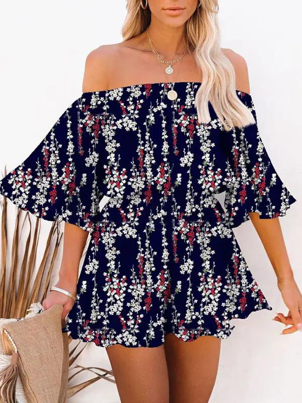 Navy floral off-shoulder chiffon jumpsuit with ruffled sleeves