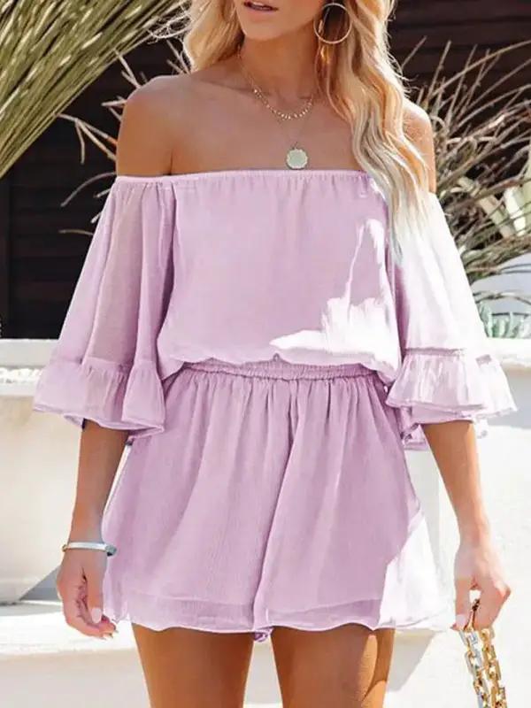 Lilac off-shoulder chiffon jumpsuit with ruffled sleeves