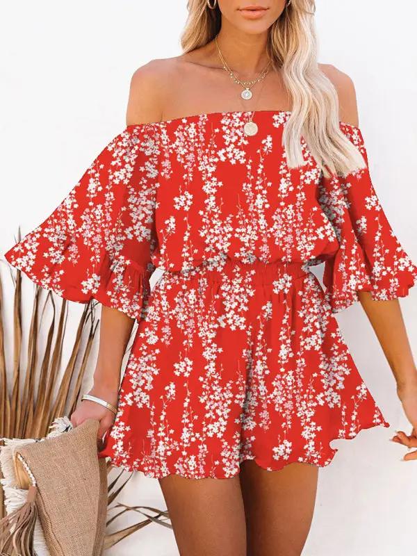 Red floral off-shoulder chiffon jumpsuit with ruffled sleeves