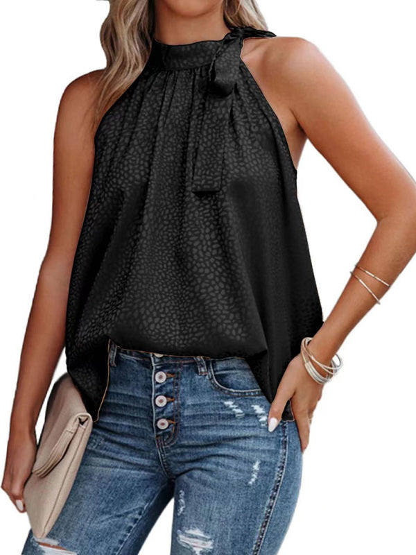 Damen-Tanktop mit gewebtem Neckholder, Schleife und Leopardenmuster, ärmellos 