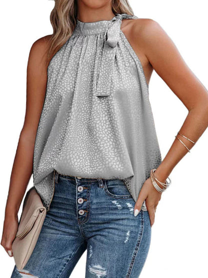 Damen-Tanktop mit gewebtem Neckholder, Schleife und Leopardenmuster, ärmellos 