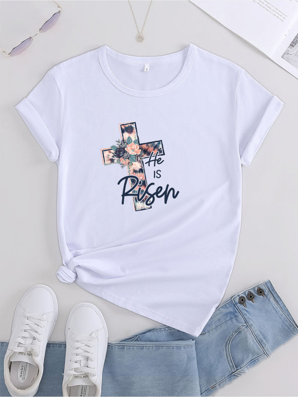T-Shirt mit religiöser Blumenkreuz-Grafik für Damen