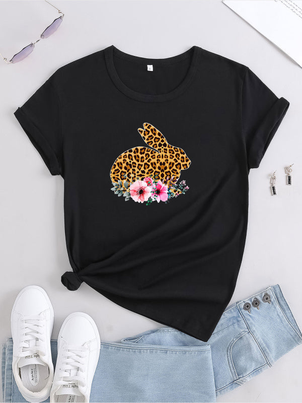 Damen T-Shirt mit Leopardenmuster und Blumenmuster