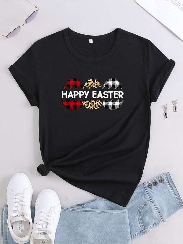 Gestricktes Kurzarm-T-Shirt mit Rundhalsausschnitt und Osterei-Print für Damen