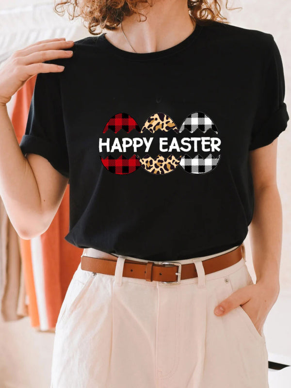 Gestricktes Kurzarm-T-Shirt mit Rundhalsausschnitt und Osterei-Print für Damen