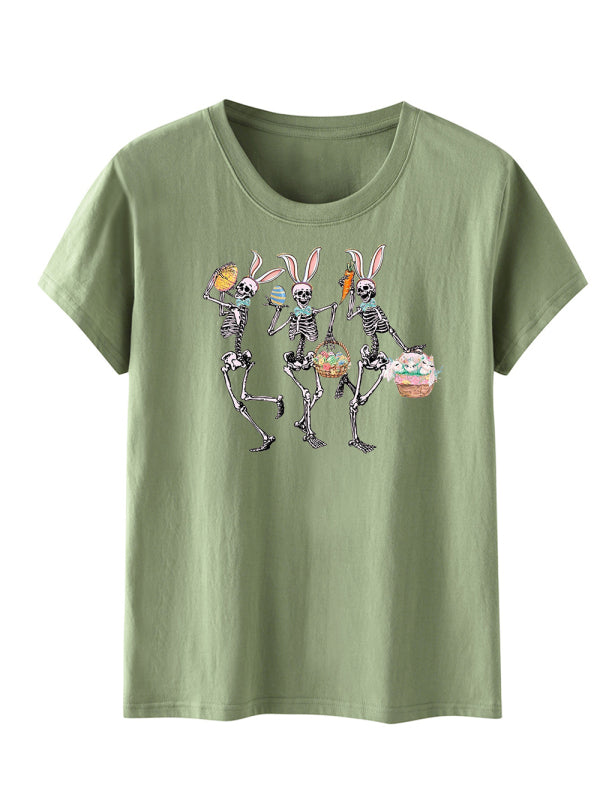 Kurzärmliges T-Shirt mit Osterhasen-Totenkopf-Print für Damen