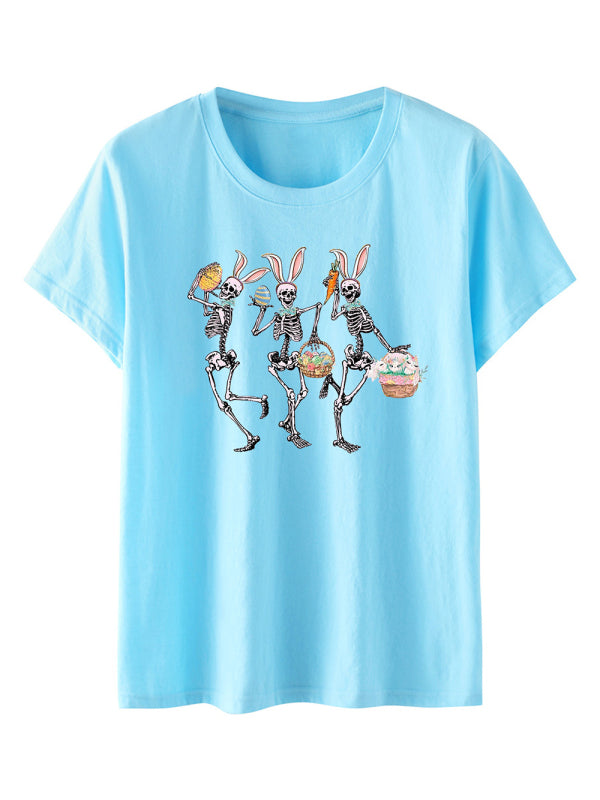 Kurzärmliges T-Shirt mit Osterhasen-Totenkopf-Print für Damen