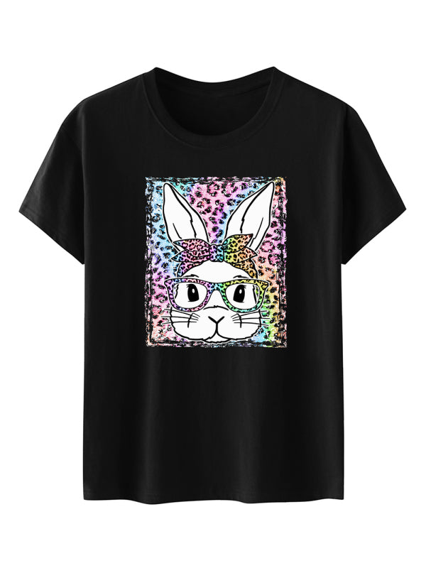 Kurzärmliges T-Shirt mit Oster-Leopardenhasen-Print für Damen