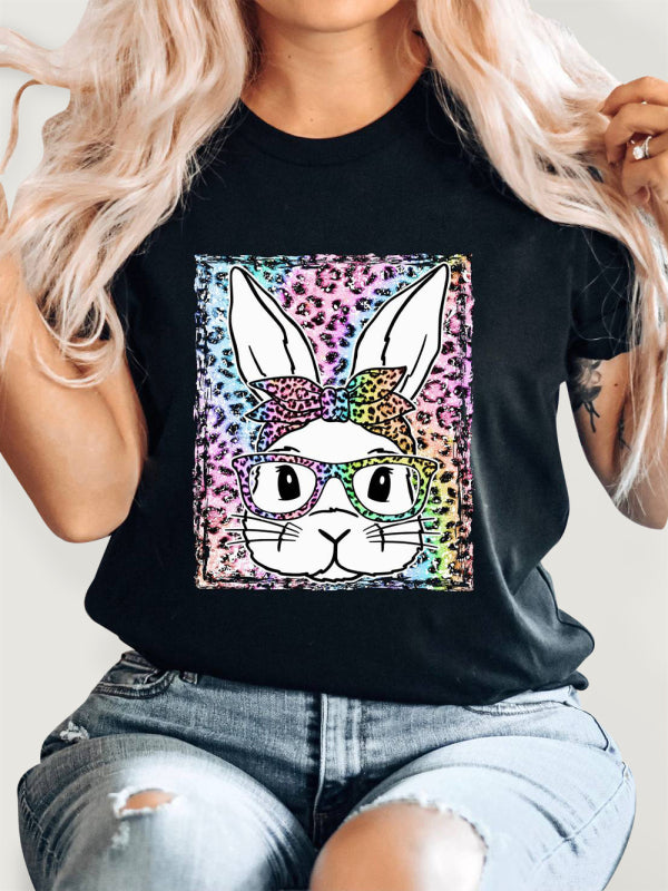 Kurzärmliges T-Shirt mit Oster-Leopardenhasen-Print für Damen