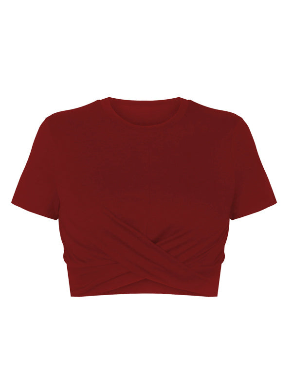 Gestricktes kurzes Slim-Fit-T-Shirt für Damen mit Nabel und Knoten 