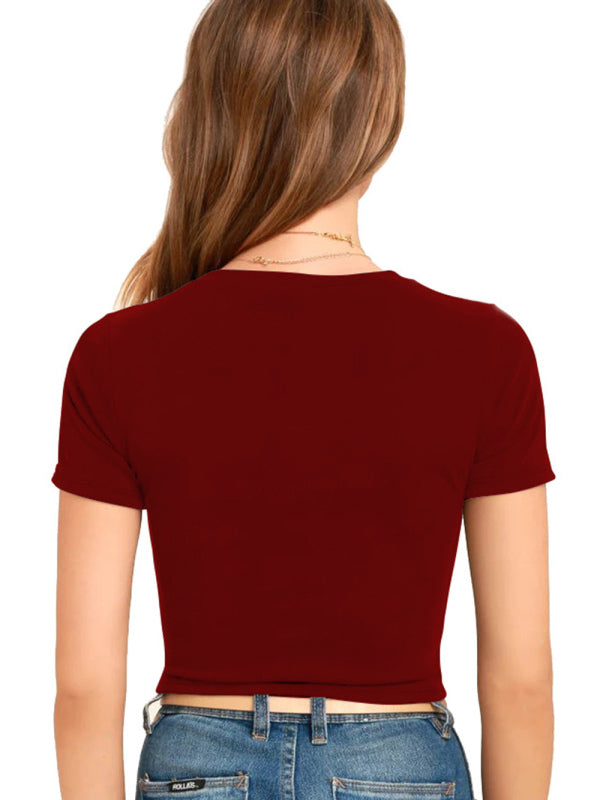 Gestricktes kurzes Slim-Fit-T-Shirt für Damen mit Nabel und Knoten 