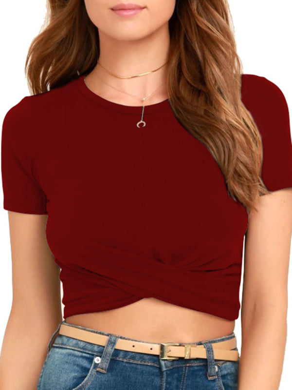 Gestricktes kurzes Slim-Fit-T-Shirt für Damen mit Nabel und Knoten 