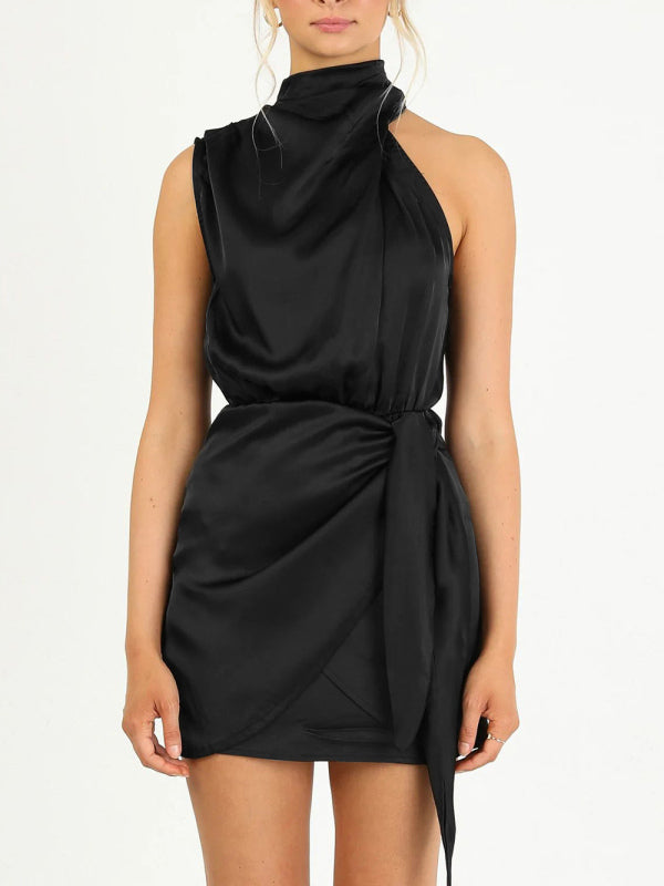 Mini-robe de célébrité tissée à col licou pour femmes, bretelles en satin de haute qualité, coupe ajustée 