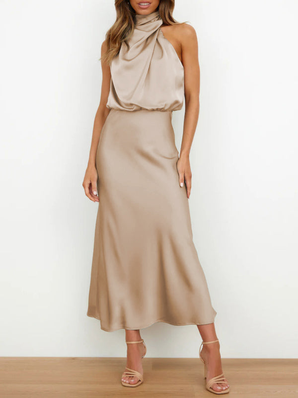 Robe midi en satin à col licou de couleur unie pour femmes 