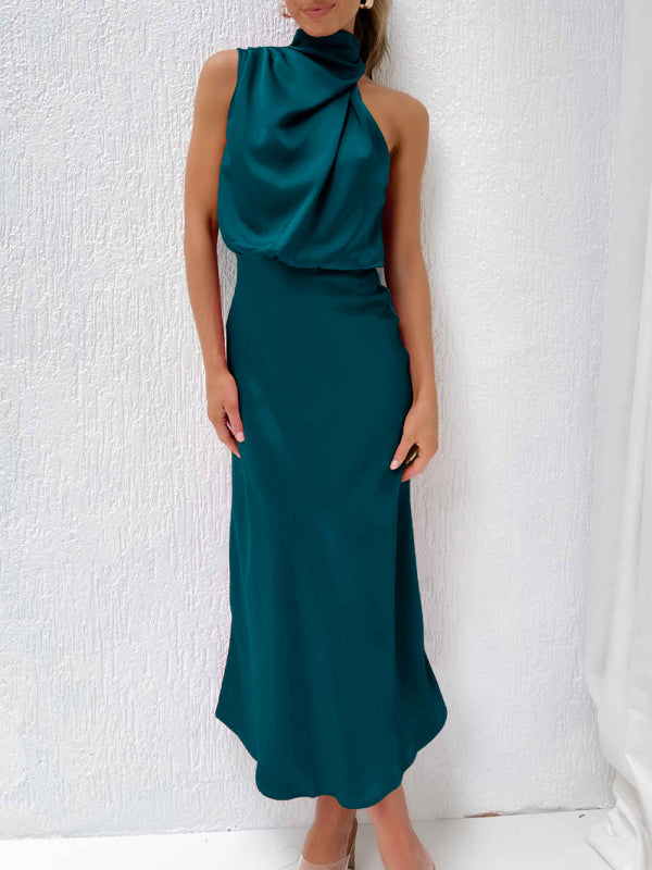 Damen Neckholder-Kleid mit gewebten, hochwertigen Satin-Trägern, schmaler Passform und mittlerer Länge 