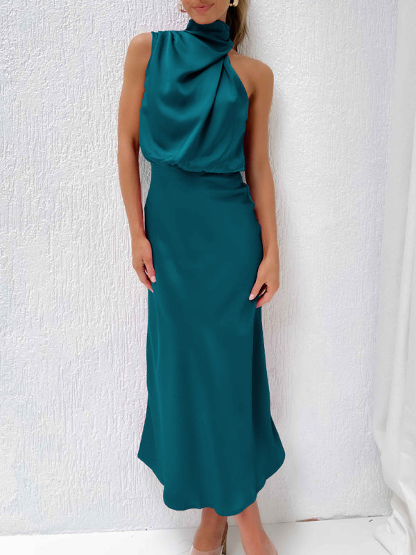 Robe midi en satin à col licou de couleur unie pour femmes 