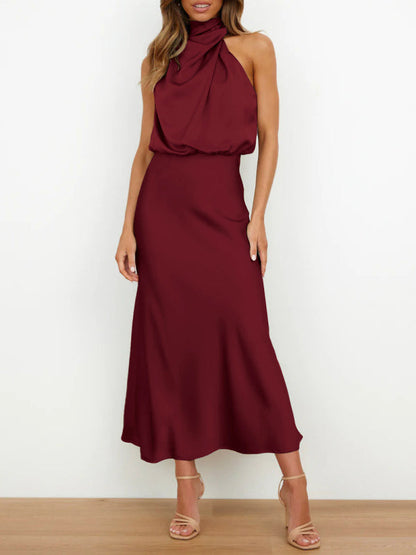 Robe midi en satin à col licou de couleur unie pour femmes 